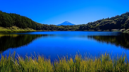 Fototapeta premium Serene Lake with Majestic Mountain View