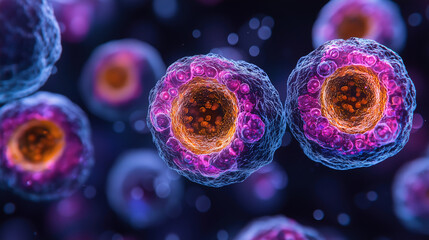 Vibrant microscopic view of cells showcasing intricate structures and dynamic activity in a scientific environment