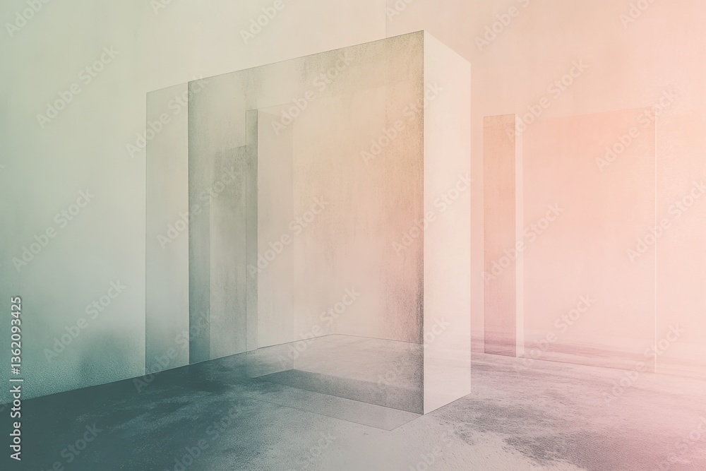 Poster abstract geometric structures illuminated in soft pastel colors within a minimalist gallery space