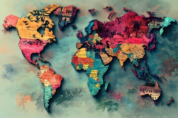 A vividly colored and artistically rendered world map featuring intricate details and historical landmarks, offering a unique and captivating global perspective for exploration and inspiration.