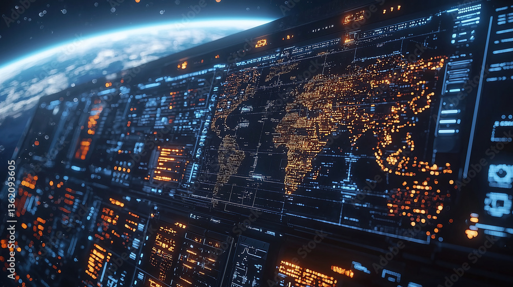 Poster global digital network interface displaying connected data points and geographical map at nighttime