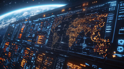 Global digital network interface displaying connected data points and geographical map at nighttime