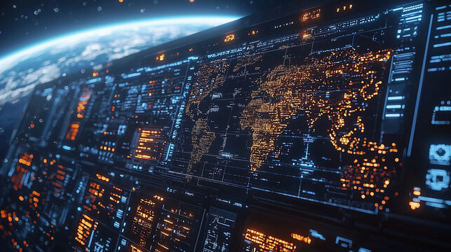 Global digital network interface displaying connected data points and geographical map at nighttime