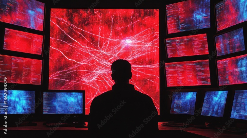 Poster cybersecurity specialist monitoring complex network activity and firewall security