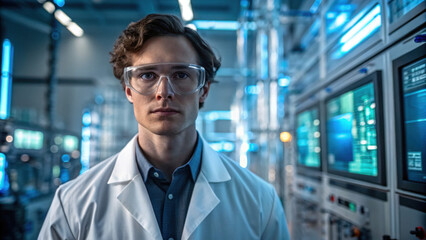 Fototapeta premium Hydrogen fuel future scientist in lab coat st in high tech laboratory with glowing screens