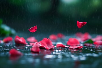 Petals fall gently on a wet surface during rainfall in a tranquil garden setting