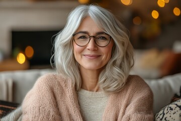 Smiling woman with gray hair and glasses relaxing indoors during autumn evening