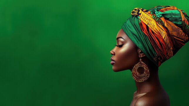 Women's History Month. Young african woman in headdress or turban with colors of african flag on a green background, banner for black history month, juneteenth, keti koti or remembrance abolition.