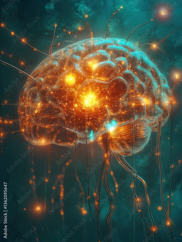 Poster here's a possible. and keyword list for your stock photo.. glowing brain neural network ai.