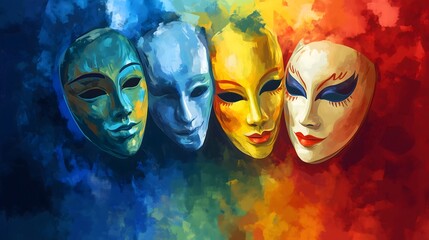 Obraz premium A painting of four colorful drama masks