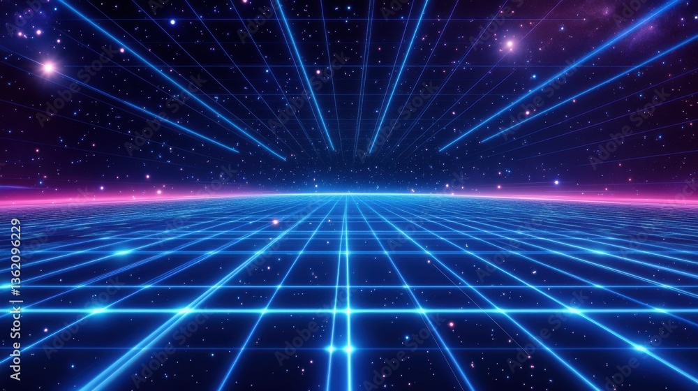 Poster retro 80s video game background with grid of blue light streaking in space