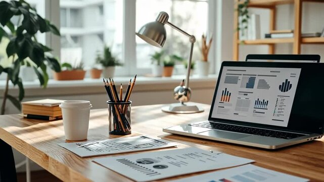 Engaging workspace with laptop, coffee, and organized documents for productivity in a bright office