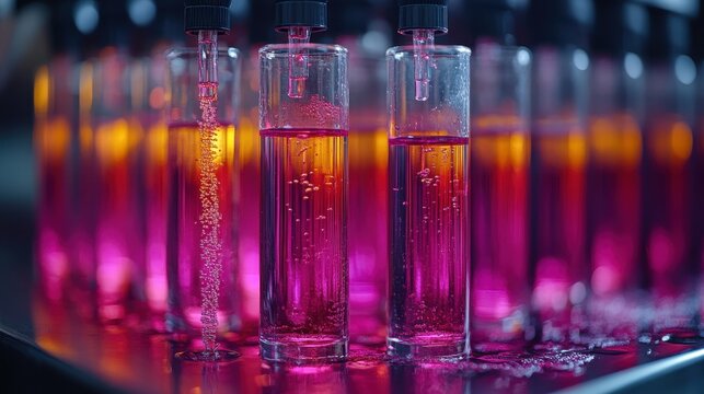 Multiple test tubes containing colored liquid in a laboratory setting