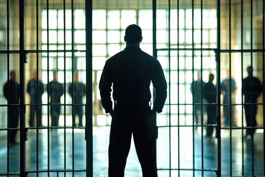 A stark image of a prison guard standing in front of jail cells, back to camera, observing inmates, suggesting themes of authority, justice, and confinement.