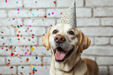 Happy dog celebrates with a party hat and colorful confetti on a joyful occasion