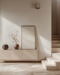 Minimalist interior with beige console table, vases, and blank frame.