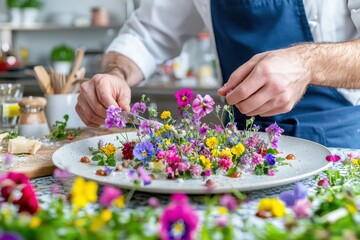 Chef meticulously arranging edible flowers on a gourmet dish, creating a vibrant and visually stunning presentation that enhances the culinary experience, food art.