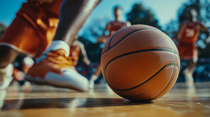 Naklejka premium Close up of basketball on court with players in background during a game on a sunny day outside