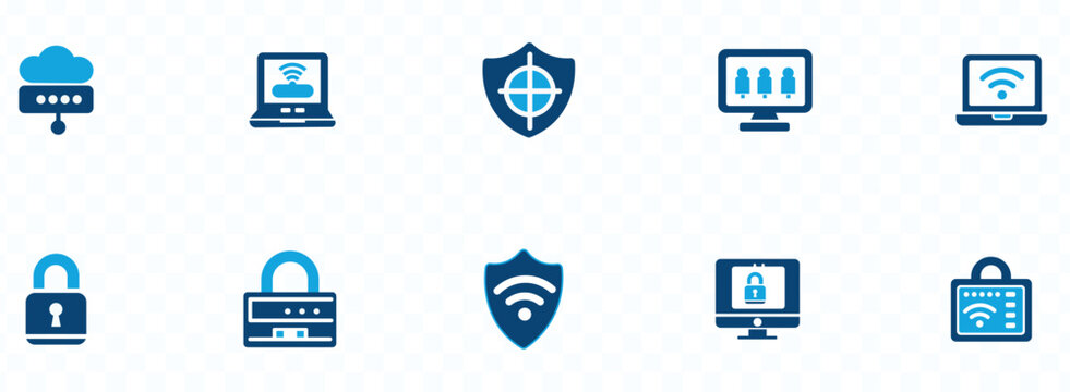 VPN icon set. cybersecurity, privacy, encrypted, proxy, firewall, online protection soild vector illtrution