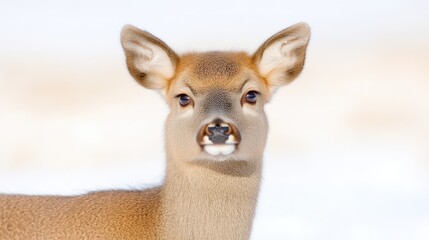 Close-up of a young deer in winter.  A fawn faces the camera, its fur light tan/brown, and large ears are noticeable.  Soft-focus background shows a snowy landscape
