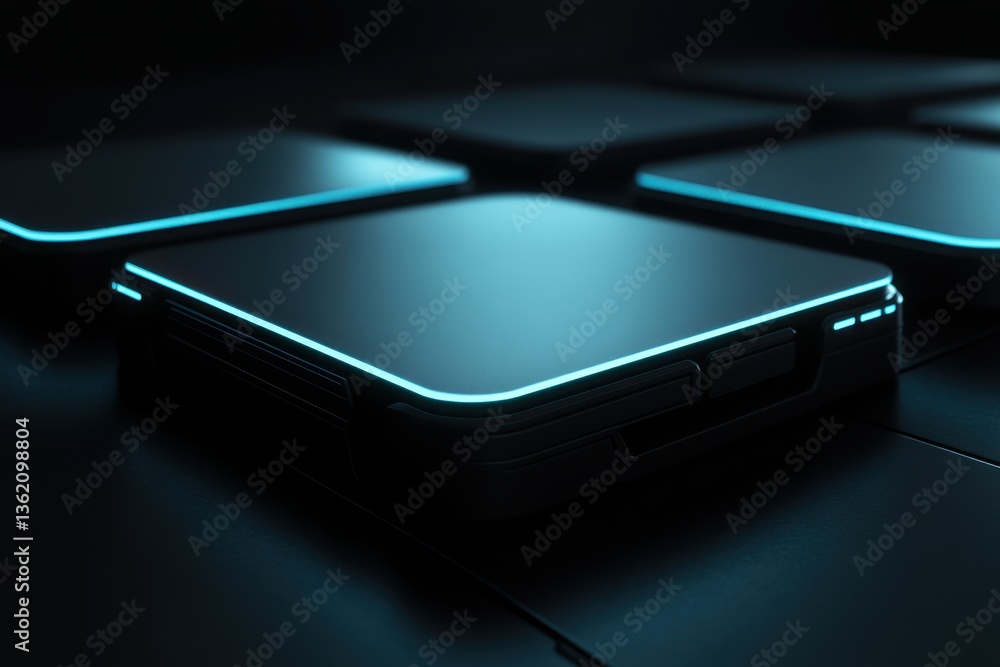 Poster modern sleek technology design with glowing edges in a dark environment