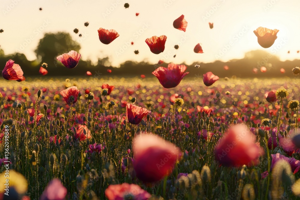 Poster a mesmerizing field of vibrant red poppies with floating petals at sunset, creating dreamy, ethereal