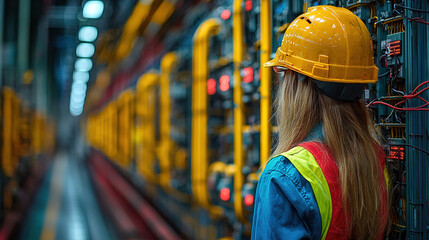 Naklejka premium Worker in safety gear examines electrical panels in a modern industrial facility during daylight hours