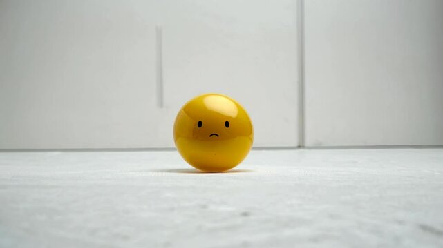 A video still of a yellow ball with a sad face, captured at eye level. Minimalist style with a soft focus on a white background. Live desktop wallpaper.