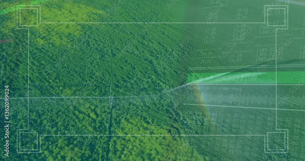 Poster aerial view of lush green forest with data processing animation overlay