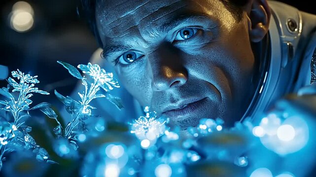 Astronaut examining bioluminescent plants in a futuristic lab, highlighting scientific exploration