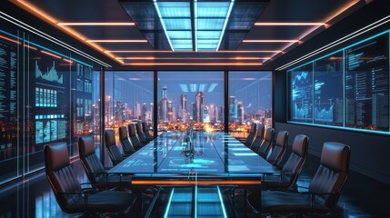 A sleek, modern corporate conference room with a long glass table, high-end leather chairs, and multiple LED screens displaying business