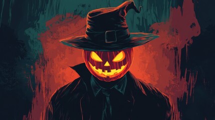 Man with Halloween jack-o-lantern mask with a hat. illustration