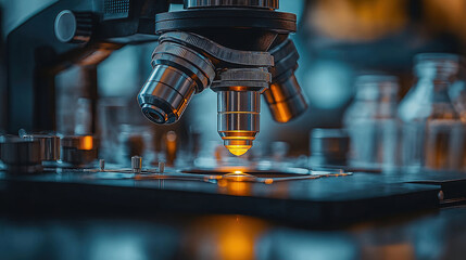 Close-up view of microscope examining specimen in laboratory setting under soft light