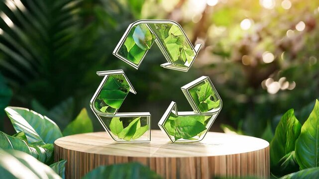 A transparent green recycling symbol mockup on wooden product display podium with nature leaves background, Eco friendly	