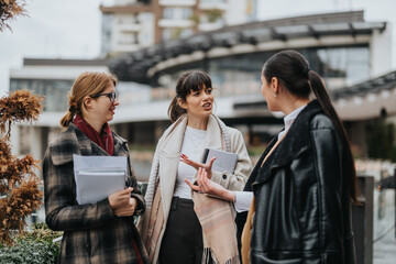 Fototapeta premium Three businesswomen engage in conversation outdoors, carrying documents and appearing professional.