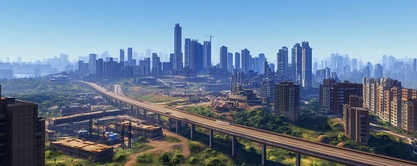 Fototapeta premium Aerial View of a Modern City Skyline with Highway
