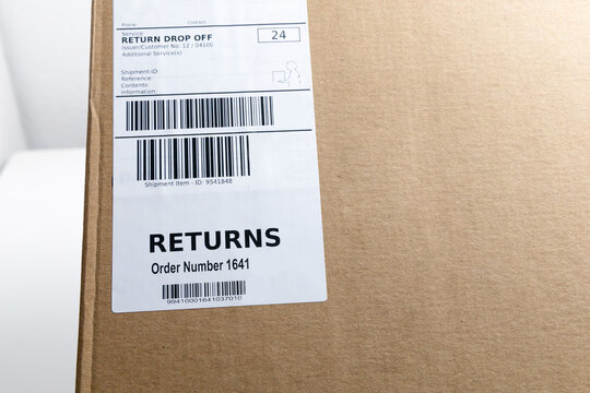 Packaging with return label and barcode for returning