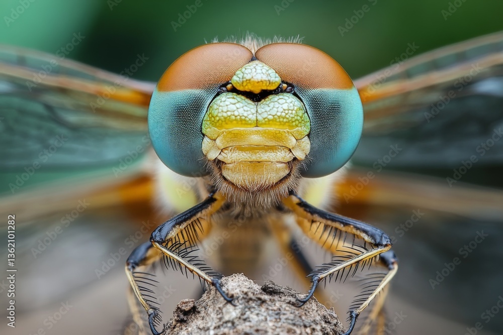Poster Detailed close-up of a dragonfly resting on a surface showcasing vibrant colors and intricate patterns