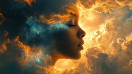 The silhouette of a woman merging with celestial cloud formations