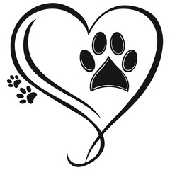Naklejka premium Elegant Monochrome Illustration of Animal Love Heart with Paw Print