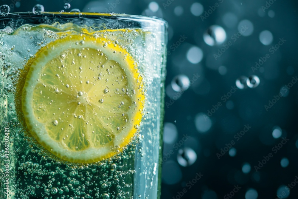 Poster refreshing drink with lemon slice and bubbles captured in a close-up shot with a cool background