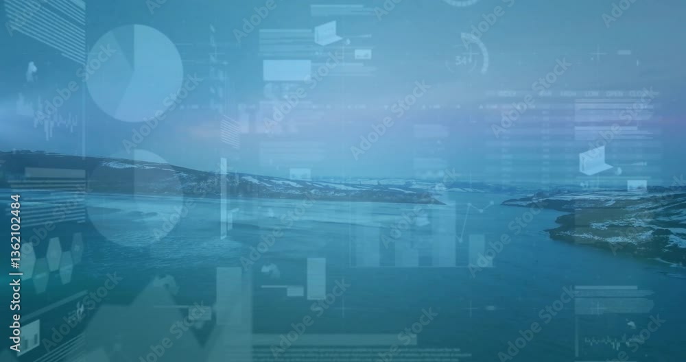 Poster data processing animation over serene landscape with water and distant mountains