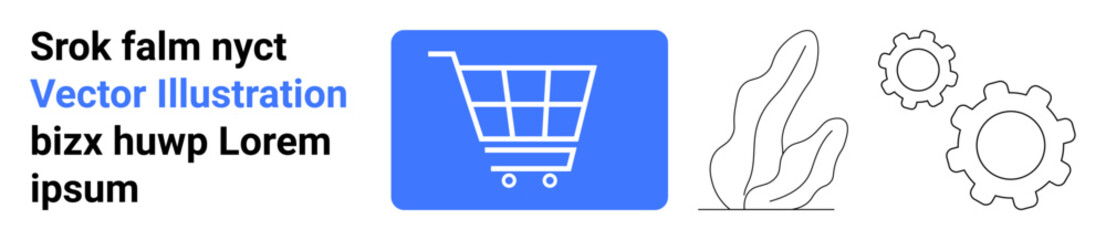 Blue shopping cart beside line gears and leaf symbolizing e-commerce, innovation, and sustainability. Ideal for business, online store, solution, teamwork, progress, technology simple landing page