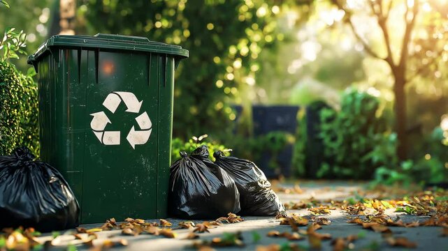 A recycling symbol on a large dark green recycling container next to black trash bags on nature leaves background, Eco friendly	