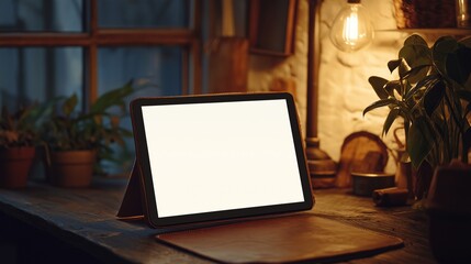 tablet mockup  with blank screen on wooden table in warm, inviting room with plants
