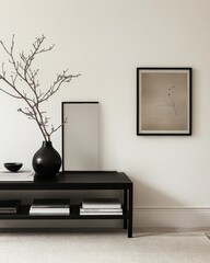Minimalist interior with black console table, vase, artwork, and mirror.