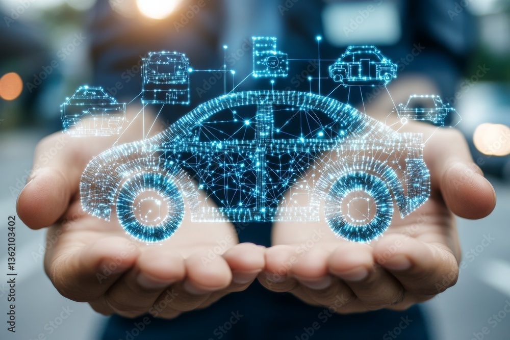 Aufkleber advanced digital technology showcased in hands with holographic car design and connected features