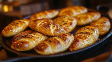 A photo of fried traditional Turkish pita bread in the shape and color of thin oval pastries, placed on top of each other in an iron pan. 