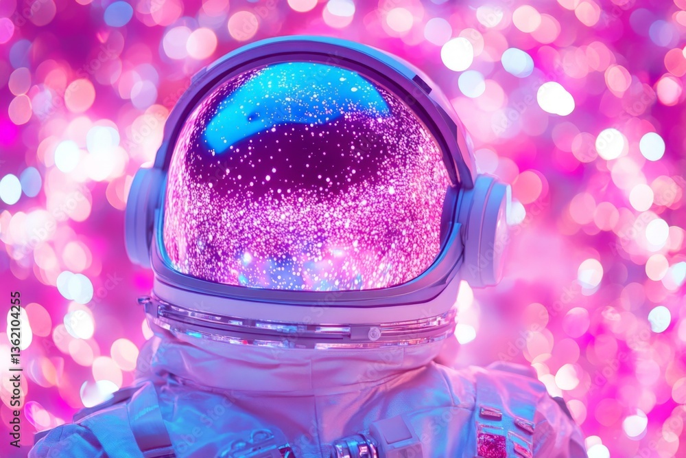 Poster astronaut helmet reflects vibrant cosmic colors in a space-themed environment during nighttime explo