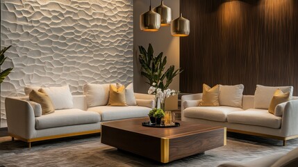 A sophisticated corporate relaxation area featuring neutral-toned linen sofas, a dark wood coffee table with golden trims, warm pendant lighting,